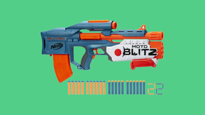 A nerf elite blaster shown with several of its blaster pieces.