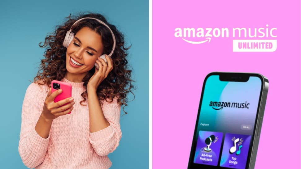 A woman listening to music on her phone next to the Amazon Music Unlimited logo and a phone with Amazon Music on the screen.