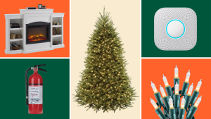 壁炉，灭火器，圣诞树，烟雾探测器和圣诞灯在绿色和橙色的背景。