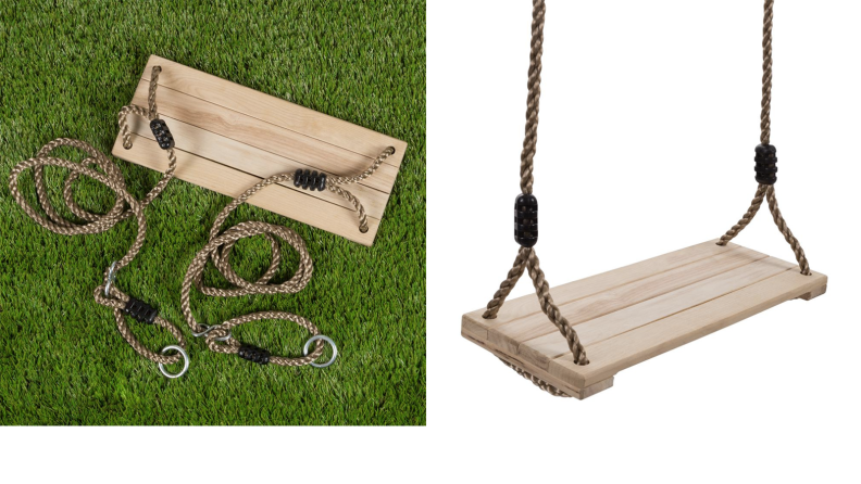 Two images of a flat wooden swing