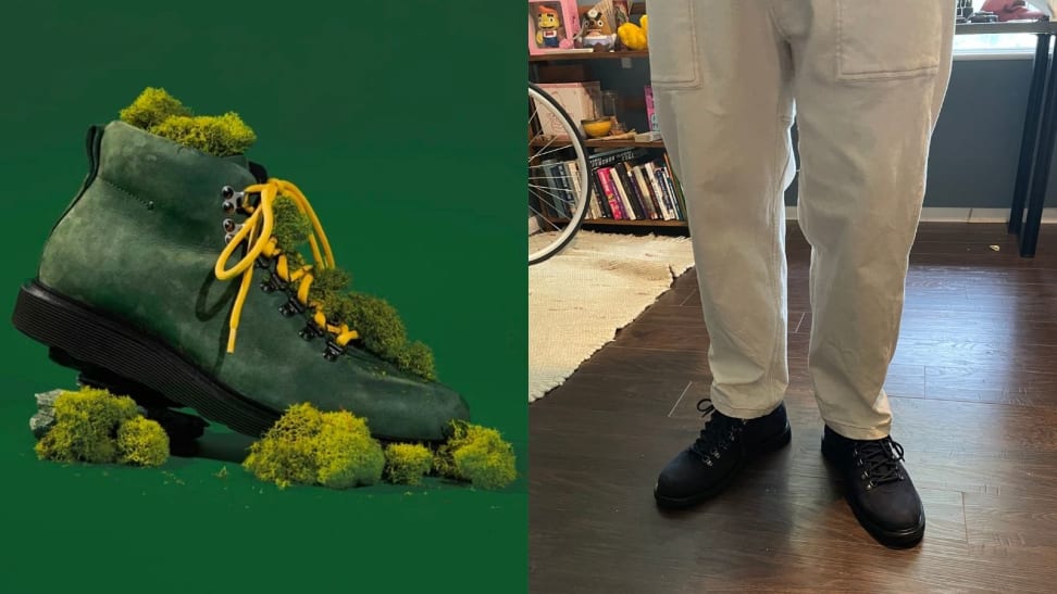 Pair of green Ultra Light Hiking Boots by footwear company Season Three, next to a man in white pants wearing a navy pair of the Season Three The Ultralight Hiking Boots.