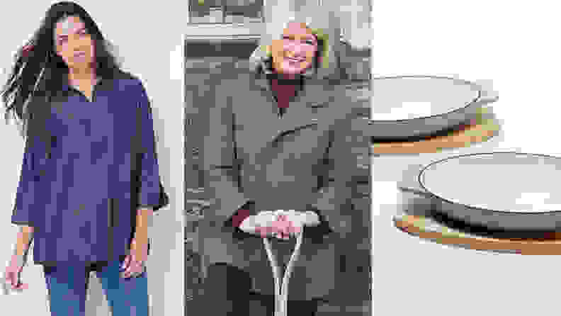 left: women wearing chambray shirt, center: Martha stewart in green jacket, right: Au gratin pans
