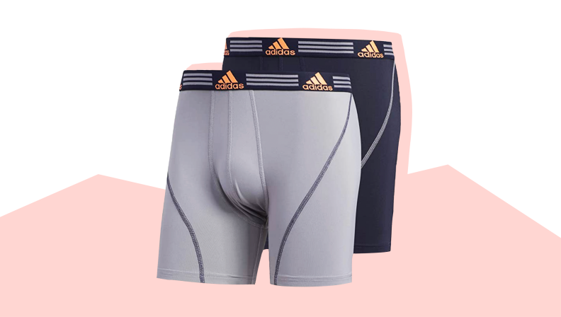 Adidas Sport Performance Boxer Briefs over a pink and white illustration.
