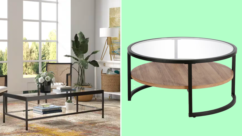 Photo collage of the two glass and wooden coffee tables from Meyer & Cross.