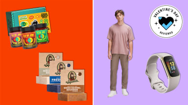 A selection of the best Valentine's Day gifts for men including Dr. Squatch soap, Fly By Jing spices, lululemon pants, and Fitbit Charge 5 on a split red and purple background.