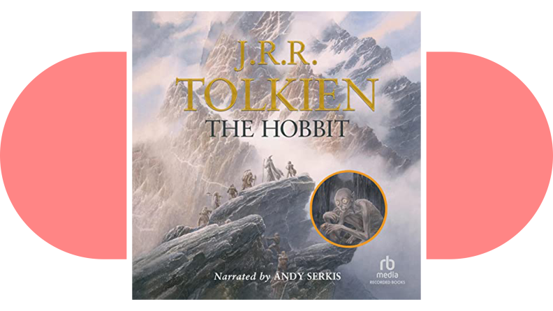 The Hobbit Audiobook on a pink background.
