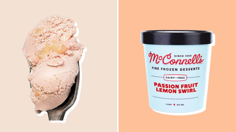 Left: scoop of fruity ice cream on a scoop Right: Pint of McConnell's passion fruit lemon swirl ice cream