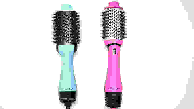 A blue Revlon hair dryer brush sitting next to a pink one.