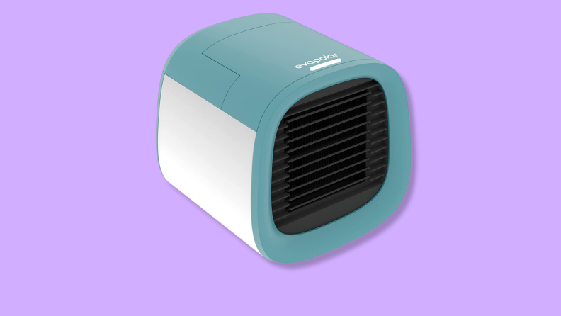 A small Evapolar evaporative cooler against a purple background.