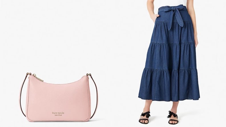 A pink purse and blue skirt.
