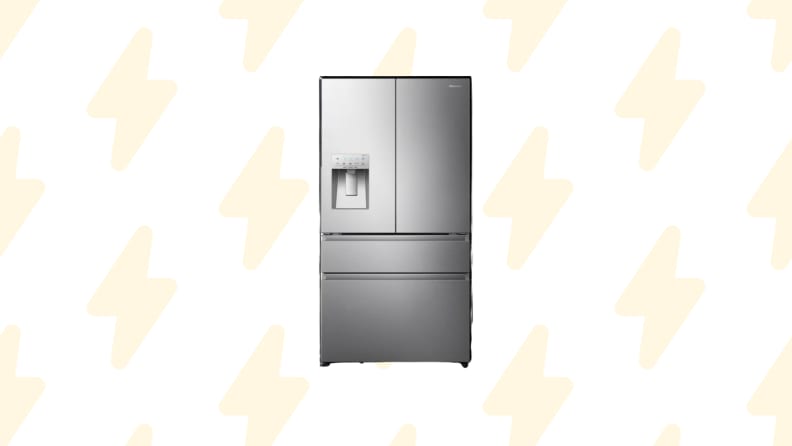 A refrigerator on a background with lightning bolts