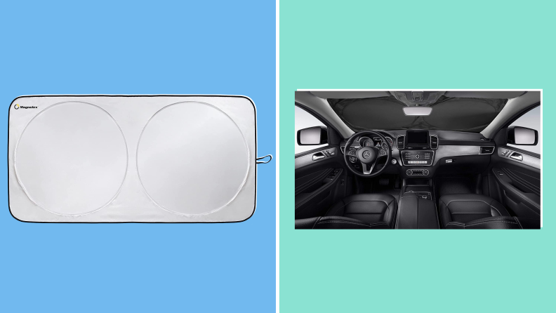 Image of a Magnalex sunshade in isolation, next to an image of it being used in the front windshield of a car, as seen from inside the vehicle.
