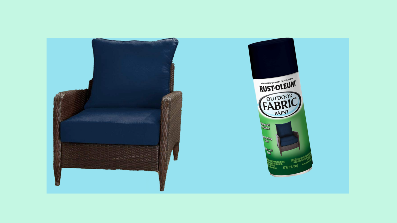 Wicker arm chair with navy cushions next to outdoor fabric spray paint can.