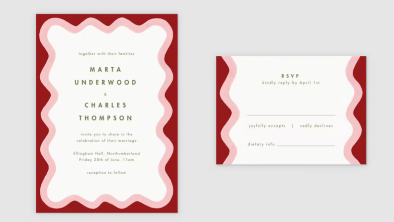 Wedding invitation and RSVP card with red and pink scalloped edges.