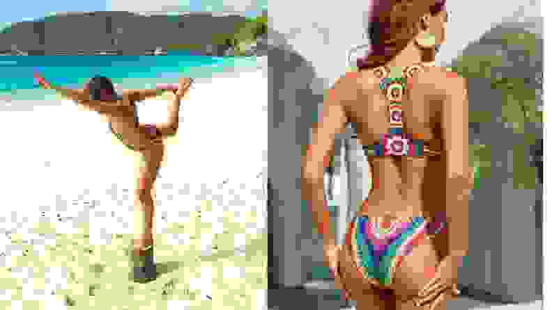 Woman doing yoga wearing a one-piece swimsuit (left) and a model wearing same suit (right)