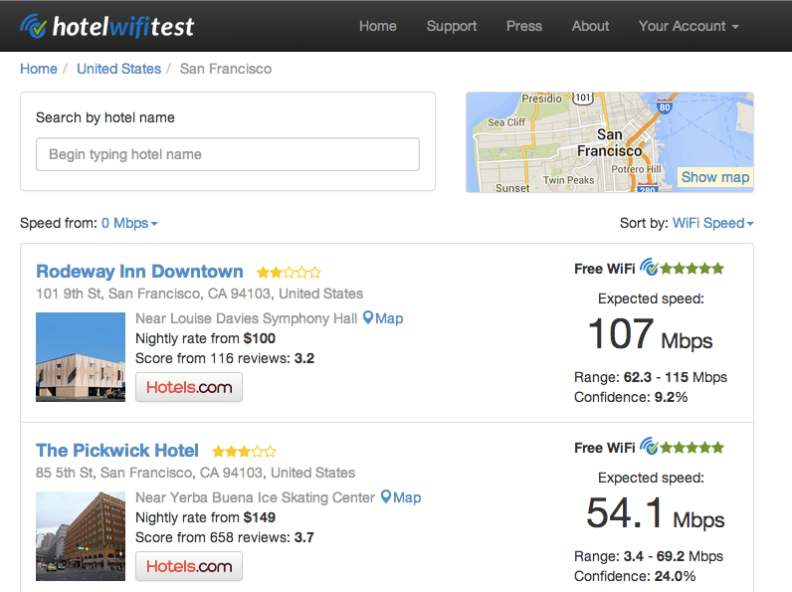 Hotel WiFi Test is a site designed to let travelers test their hotel wireless connections, passing the info on to other travelers.