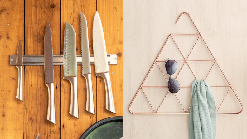Wall-mounted kitchen knives and a wall-mounted scarf organizer.