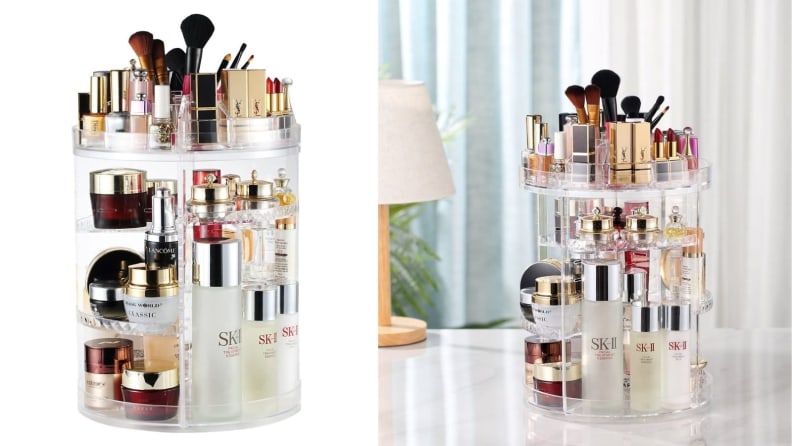 Clear rotating makeup organizer with makeup inside.
