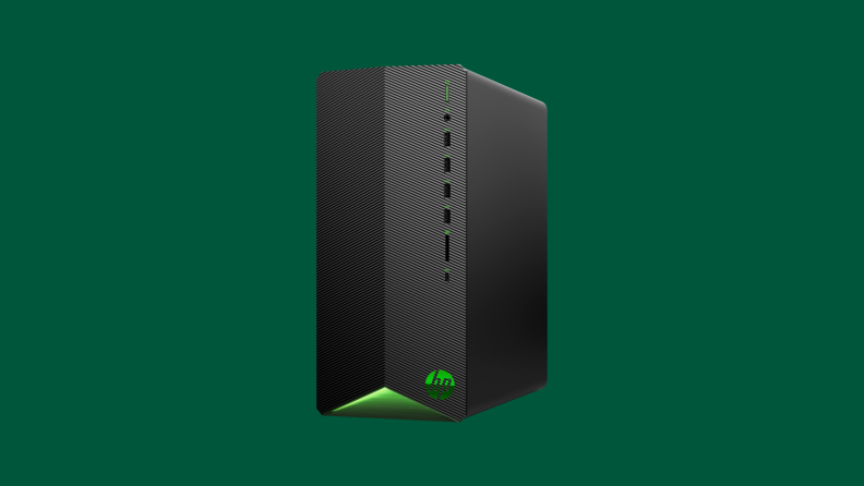 An image of a Pavilion gaming desktop tower in black and green, turned slightly to the side so the chassis is visible.