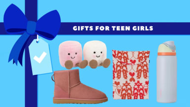 A Jellycat duo, Uggs, Owala water bottle, and Baggu on a blue gift background