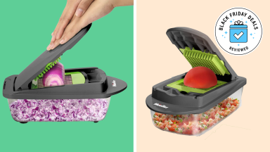 On left, person using both hands to slice onion with the Mueller Pro-Series Vegetable Chopper. On right, tomato being chopped in the Mueller Pro-Series Vegetable Chopper.