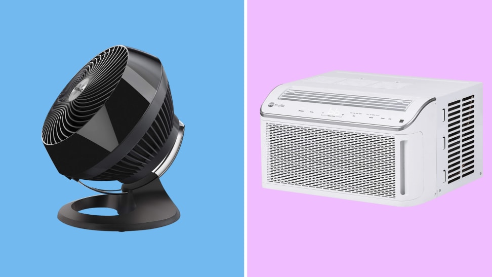 A Vornado fan and GE air conditioner against a blue and purple background