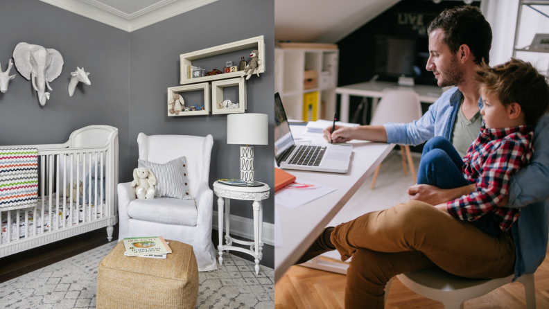 (Left) An animal-themed nursery. (Right) A parent works from home with a child on their lap.