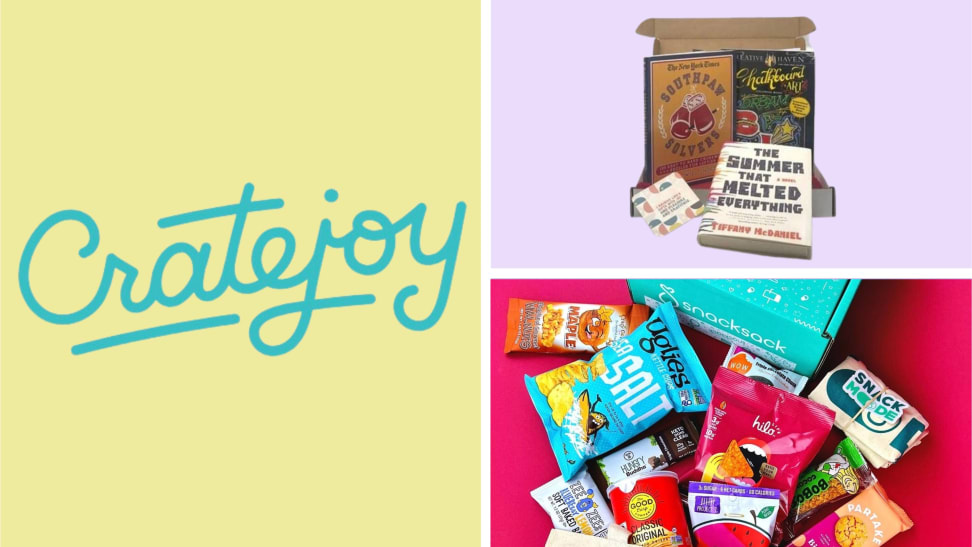 Cratejoy logo and two gift boxes in front of colored backgrounds.