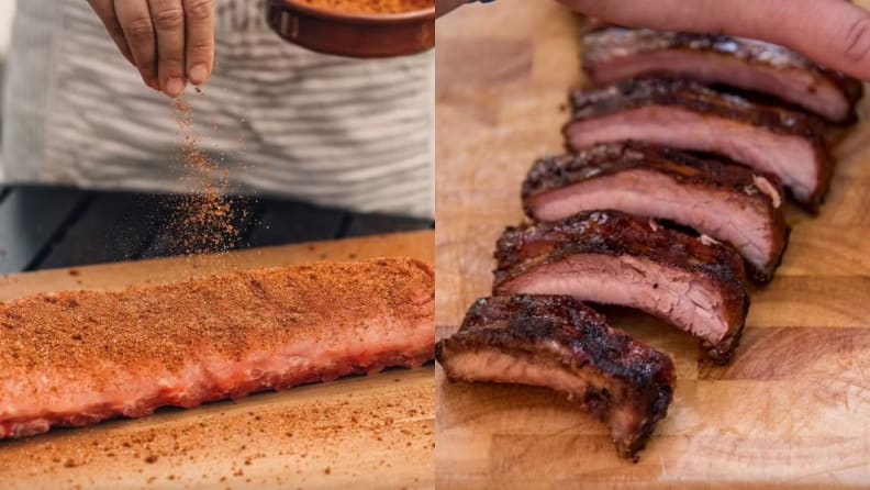 Person sprinkling seasoning on uncooked rack of ribs. On right, sliced steak cooked medium on top of wooding cutting board.