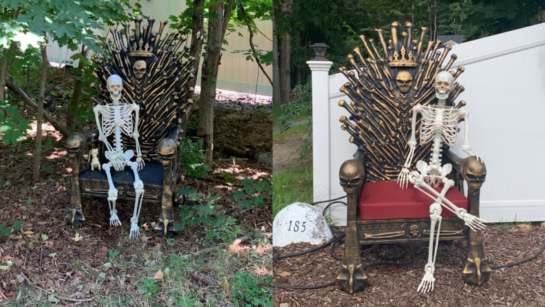 Two skeletons sitting on Bone Throne chair.
