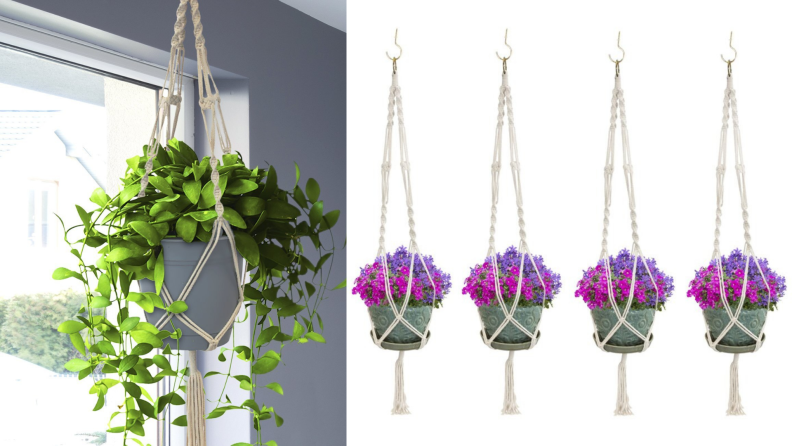 A "boho" inspired macrame hanging plant.