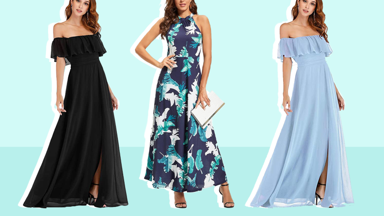 Collage of three floor-length Amazon dresses: a black gown, one with a blue print, and a blue dress.