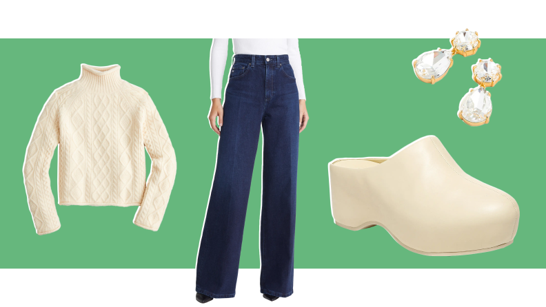 A white sweater, high waisted wide-leg pants, white clogs, and pearl earrings.