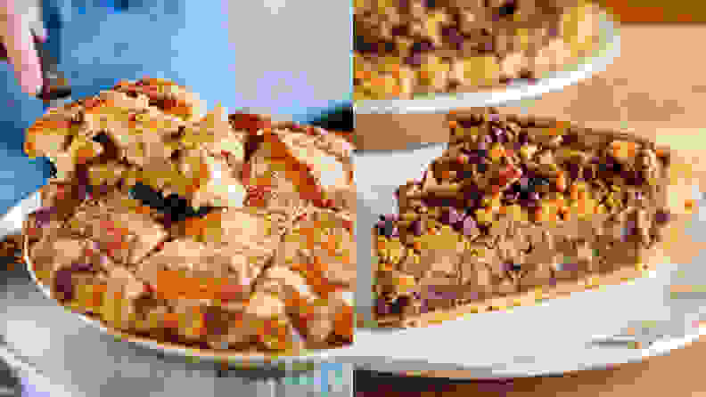 Left: A hand slicing into an apple pie. Right: a slice of chocolatey pie on a dish