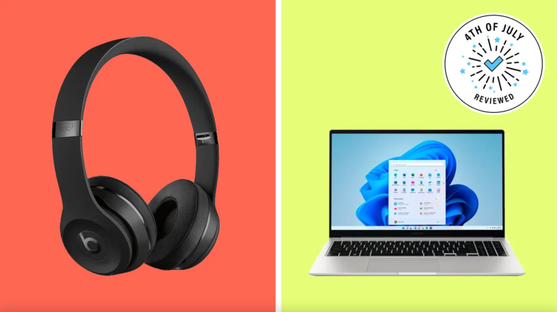On left, black Beats headphones. On left, silver laptop computer.