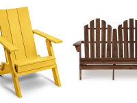 a modern, yellow Adirondack chair sits next to a pretty wood double Adirondack chair