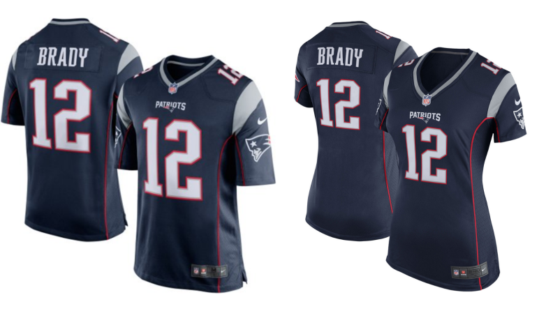 Men's Tom Brady jersey next to a women's Tom Brady jersey