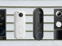 Four video doorbells sit on a house clapboard