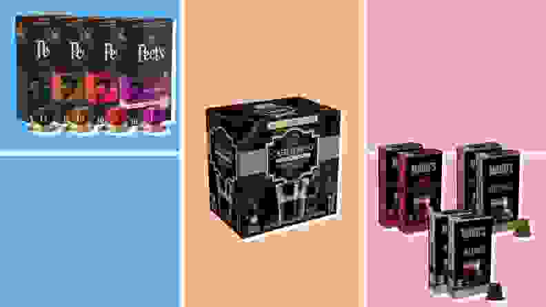 Left to right: Boxes of Peet's, Cafe Turino, and Maud's coffee capsules on a colorful background.