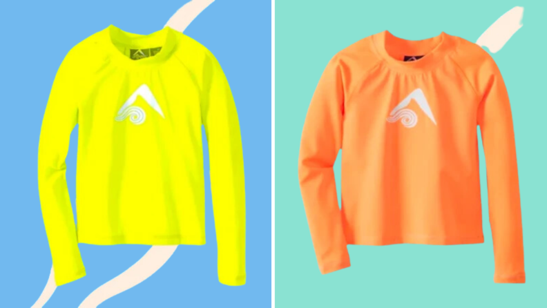 A yellow and an orange swim shirt against a blue background.