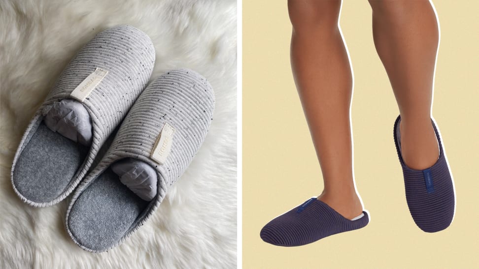 A pair of gray slippers next to an image of a model wearing the same slippers in purple.