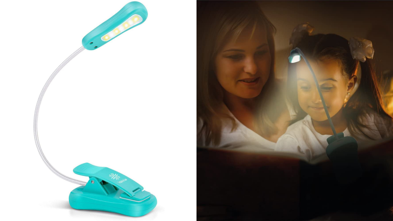 A turquoise reading lamp clips to a child's book as they read under the covers.