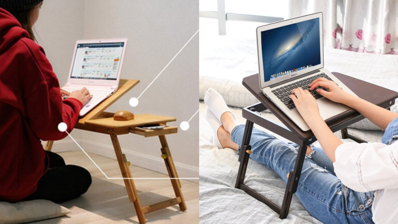 Person sitting with Bay Aisle lap desk over their legs.