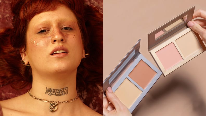 Trans woman looking up at the camera with freckles on her face, then two makeup palettes in a pair of hands