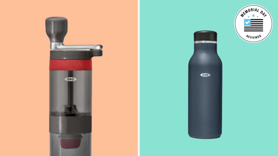 A colorful collage with an OXO water bottle and coffee grinder.