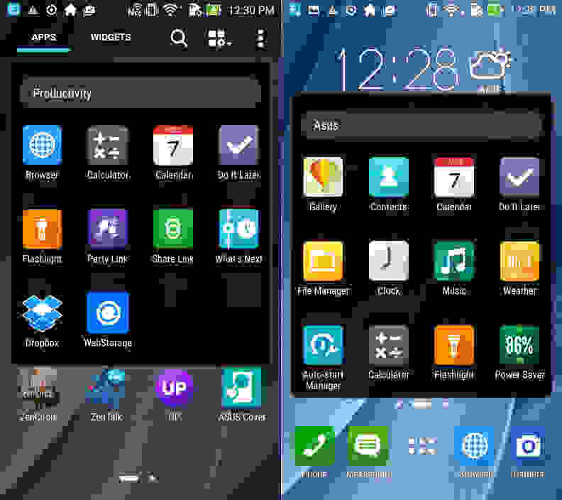The ZenUI is fine, but inconsistent organization is a pain, like how basic apps show up in the "Asus" folder on the home screen and in "Productivity" in the app drawer.