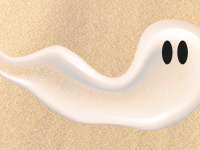 A swipe of suncreen lotion that looks like a ghost with back eyes over a sandy background