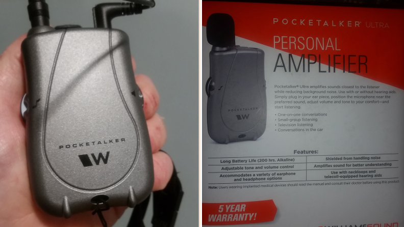 A split image of a hand holding the Pocketalker Ultra D1 and a close-up of the product packaging marketing language.