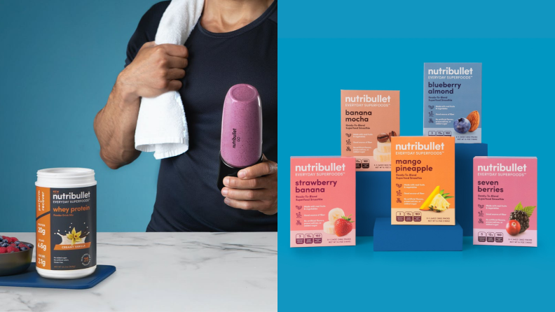 Left: A model mixes a protein smoothie with the NurtiBullet portable blender. On the right: five different flavors of NutriBullet smoothie mix.