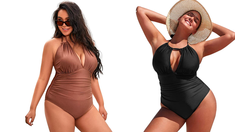 An image of the same swimsuit, one in dusky brown and the other in black. The suit is a one piece and features a ruched, halter-neck bust.